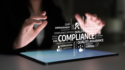 Conceptual image showcasing hands interacting with a tablet displaying keywords related to compliance, quality assurance, and risk management in a business environment. Tessel