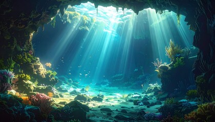 A sunlit underwater cave reveals vibrant coral reefs and schools of fish in a serene marine environment.