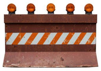 Isolated roadwork barrier with five orange safety lights, metal construction and stripes
