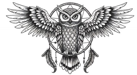 Fototapeta premium Detailed owl illustration with extended wings and dream catcher elements