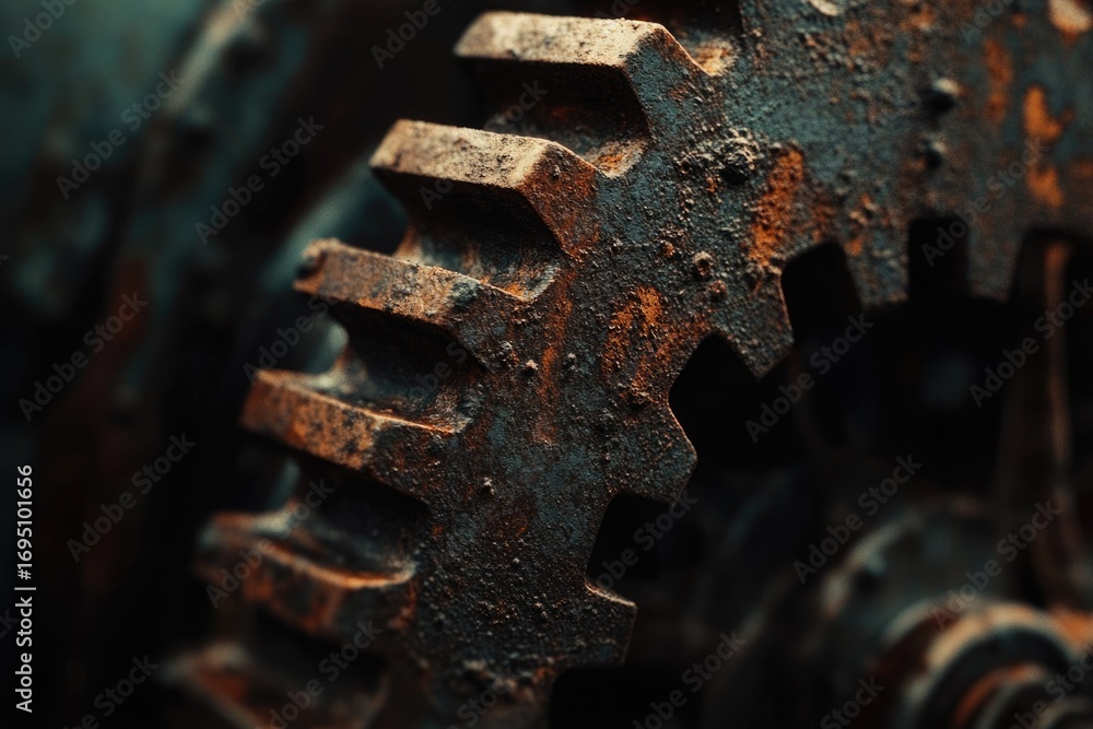 Poster close-up of a rusty, aged gear, showing intricate detail and texture.