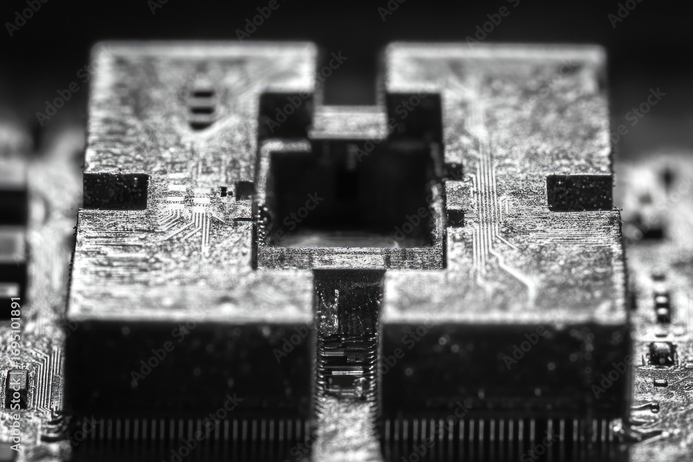 Poster close-up black and white image of a dusty circuit board component, showing intricate detail and text
