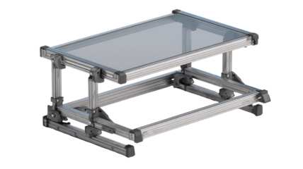 Aluminum adjustable platform with glass top.  Dual level,  modular design.  Supports various electronics