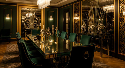 Fototapeta premium Glamorous Dining Room with Reflections and Art Deco Elements in Luxurious Ambiance