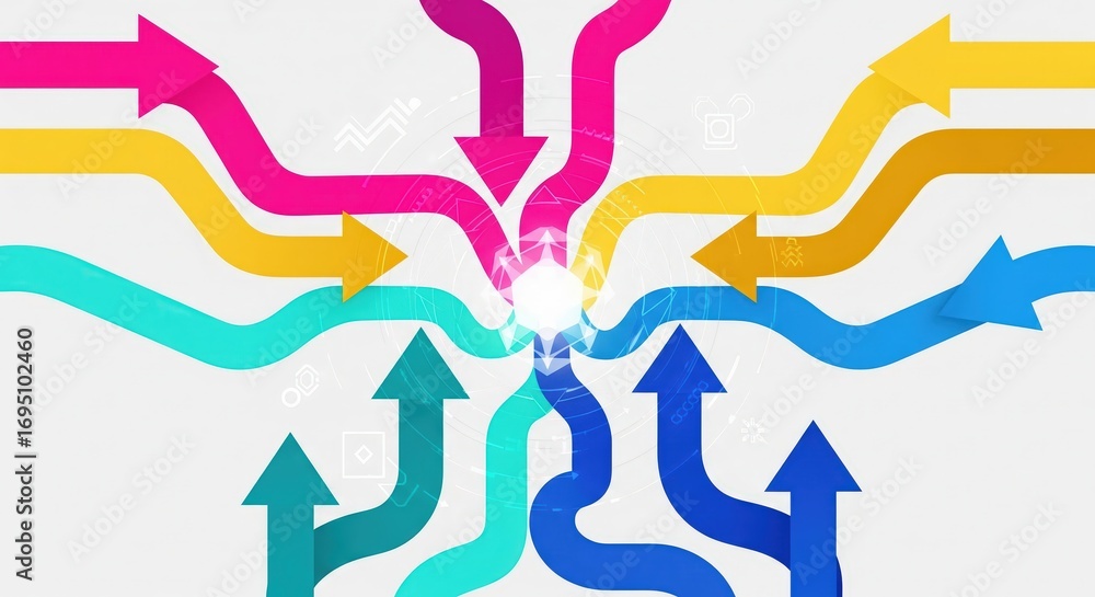 Poster multiple colorful arrows converge and diverge from a central glowing point, illustrating concepts of