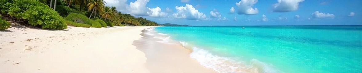 Fototapeta premium Fine, white sand stretches along a gently sloping shoreline, kissed by the turquoise ocean waves Perfect for summer vacation imagery and travel brochures , beach, granular