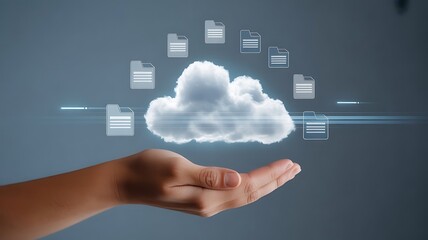 A hand holding a cloud with document icons floating around it on a gradient gray background
