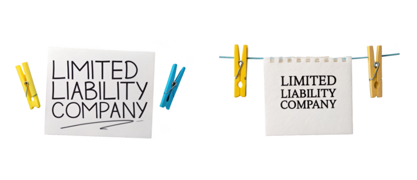 Two notes with the text limited liability company written on them, one with crayons and clothespins, the other hanging on a line with clothespins, isolated on transparent background