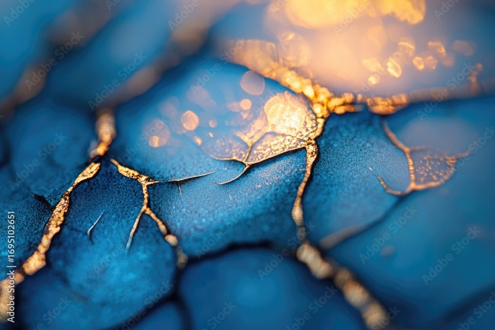 Poster close-up of a vibrant blue surface with golden cracks, creating a mesmerizing texture and abstract a
