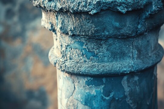 Close-up of a weathered, teal-colored stone column showing significant age and decay.
