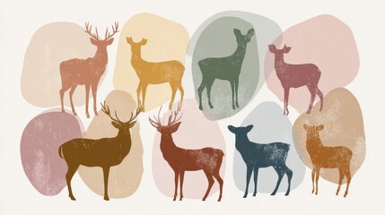 Fototapeta premium Colorful Abstract Deer Silhouettes Against Soft Background Shapes in Earthy Tones Showing Natures Diversity