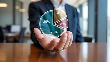 Man in suit holding a pie chart with equal segments in his hand above a wooden table in an office space