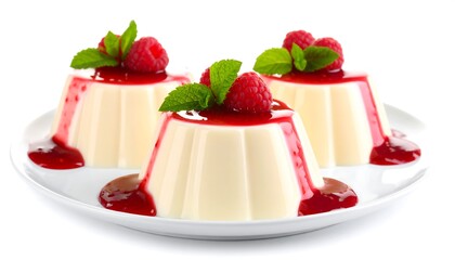 Three creamy panna cotta desserts topped with raspberries and mint