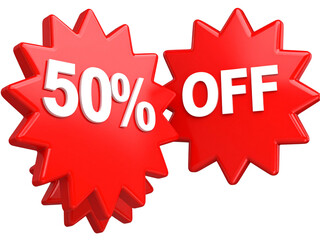 Set of Two Glossy Red Sale Badges with 50% Discount Text in 3D Plastic Style, Transparent PNG