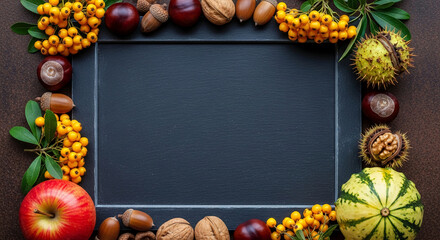 Dark frame surrounded by autumnal fruits, nuts, and berries, offering central free space for text or logo, showcasing harvest season theme