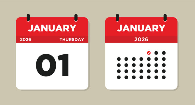January 1 2026 Calendar Vector Illustration. New Year Date Icon. Day calendar with date January 1. Week Starts on Sunday. Checklist day calendar.