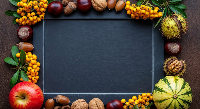 Dark frame surrounded by autumnal fruits, nuts, and berries, offering central free space for text or logo, showcasing harvest season theme