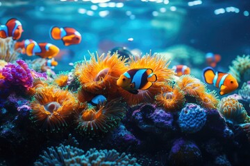 Vibrant clownfish swim amidst colorful coral and anemones in a thriving underwater reef ecosystem.