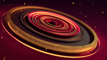 Obraz premium Close-up abstract shot of stylized vinyl rings and glowing spiral light waves in dark ambient space