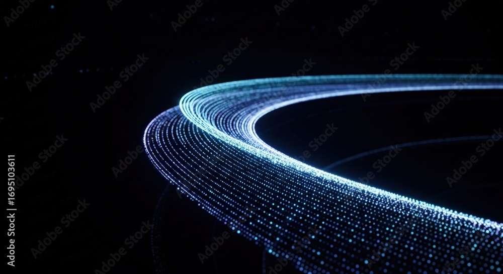 Poster abstract glowing blue and purple particle trails flowing on black background representing data or en