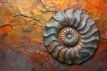 Intricate ammonite fossil sculpture on a textured, metallic, earth-toned background.