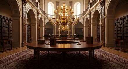 Fototapeta premium Grand Library Interior With Ornate Architecture, Books And Elegant Lighting Design