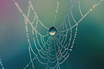 A glistening dewdrop rests at the center of an intricate spiderweb, adorned with countless tiny droplets.