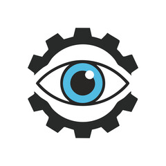 Industrial Eye Gear Logo. Visualizing vigilance, this icon features an optical component within a mechanical cog, representing systemic oversight, automation, and technological precision.