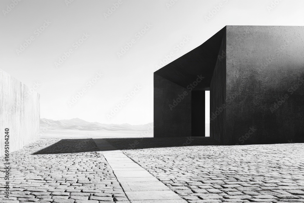 Poster monochromatic architectural rendering of a minimalist concrete structure in a desert landscape.