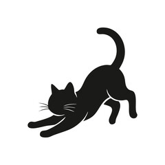 Graceful Black Cat Stretching Pose. A beautiful dark domestic feline extends its body, symbolizing comfort, tranquility, and supple movement. Ideal for themes of relaxation and playful pets.
