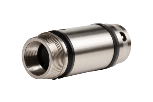 Cylindrical metal component with threaded ends.  Shows  polished,  stainless steel tube.  Features  black o-rings