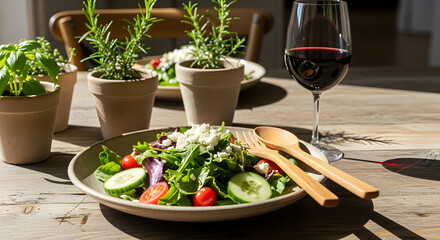 Healthy salad with wine on a rustic wooden table with herbs in pots