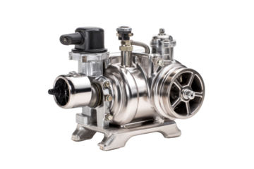 Close-up of a polished, metallic, air compressor.  Components include a pump, valves, and a base.  Machined parts are highly detailed