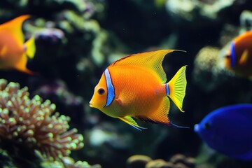 Naklejka premium Vibrant orange fish with blue stripes swims in a coral reef aquarium.