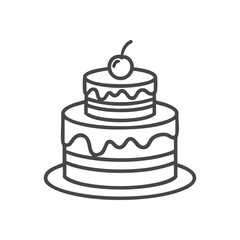 Elegant Two Tier Cake Icon. A crisp white outline illustrates a classic two layered confection, crowned with a ripe fruit. Ideal for festive events, happy occasions, and sweet culinary designs.