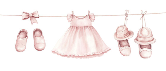 Sweet baby girl clothes and shoes hang neatly