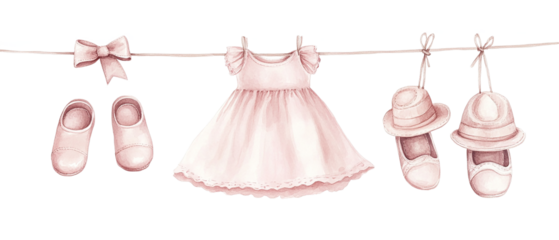 Sweet baby girl clothes and shoes hang neatly