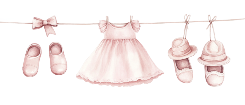 Sweet baby girl clothes and shoes hang neatly