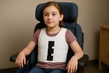 Girl wearing medical compression vest sitting comfortably in wheelchair, promoting recovery and well being