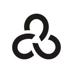 Interconnected Loops Abstract Icon. Sleek dark gray graphic featuring three joined circular shapes on black, symbolizing unity, collaboration, or eternal connection. Minimalist design.
