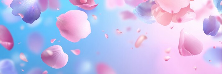 Fototapeta premium Colorful Flower Petals Floating in the Air Against a Soft Gradient Background During a Serene Moment of Natures Beauty