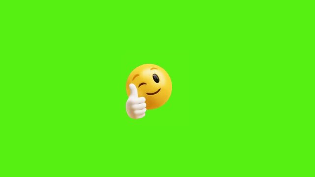 Whimsical yellow emoji winks and gives a thumbs up on vibrant green screen, perfect for dynamic video overlays and engaging content creation