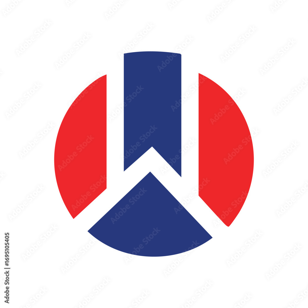 Poster bold geometric circle with blue w. vibrant round emblem featuring a striking inward pointing angular