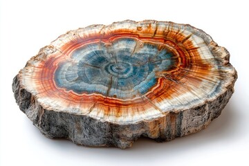 A stunning cross-section of petrified wood showcasing vibrant rings of blue, red, and white.