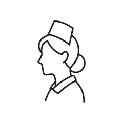 Nurse Profile Outline Icon. A minimalist line portrayal of a medical attendant, perfect for digital healthcare design. Embodies dedication, assistance, and wellness.