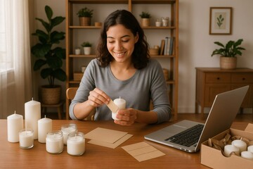 Female entrepreneur applying labels to candles, managing her small business from home using a laptop