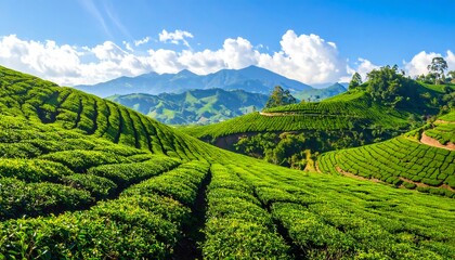 Lush tea plantations cascade down rolling hills under a vibrant blue sky, showcasing nature's artistry.