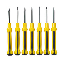 Seven screwdrivers in a row.  Yellow handles, black accents
