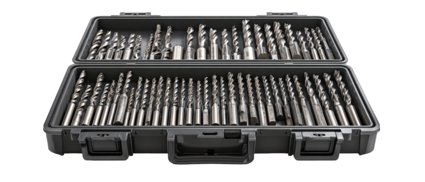 Hardened drill bits organized in a gray hard-shell case