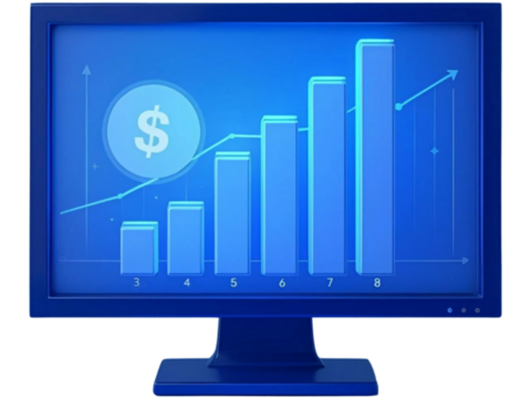 3D Business Growth Illustration – Computer Monitor with Chart, Arrows, and Financial Success Concept